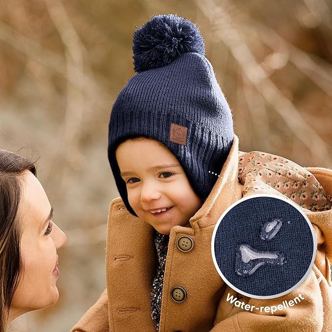Baby Beanies, Baby Hats for Boys, Girls - Cute Toddler Winter Hat, Soft & Stretchy Beanies for Infant, Newborn 6-36 Months, Cozy & Warm with Earflap Muff & Pom (Taupe)