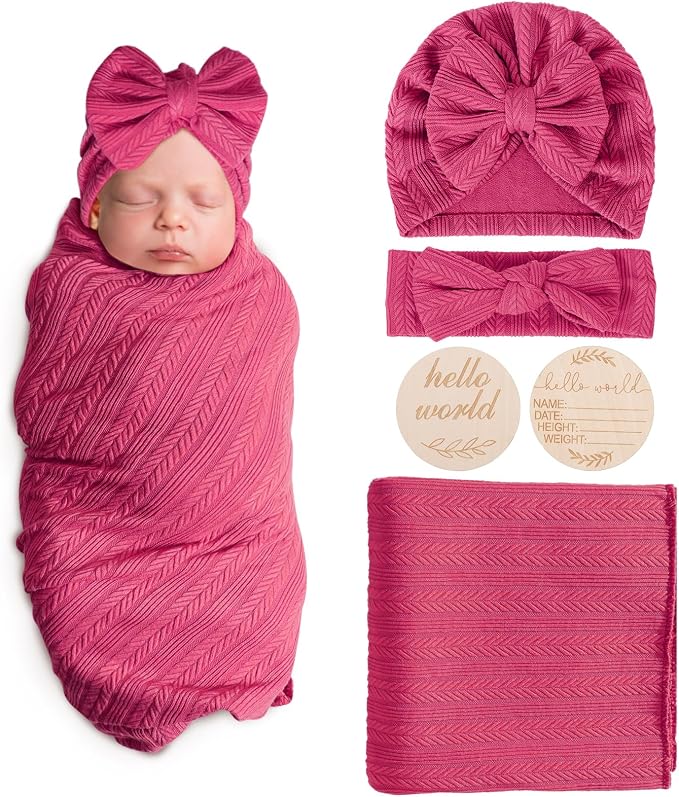 AQOKKA Newborn Receiving Blanket Wheat Ear Bow Hat Hairband Set by AQOKKA