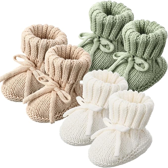 Evervibe 3 Pair Knitted Baby Booties | 100% Cotton, 0-6 Months Newborn by Evervibe