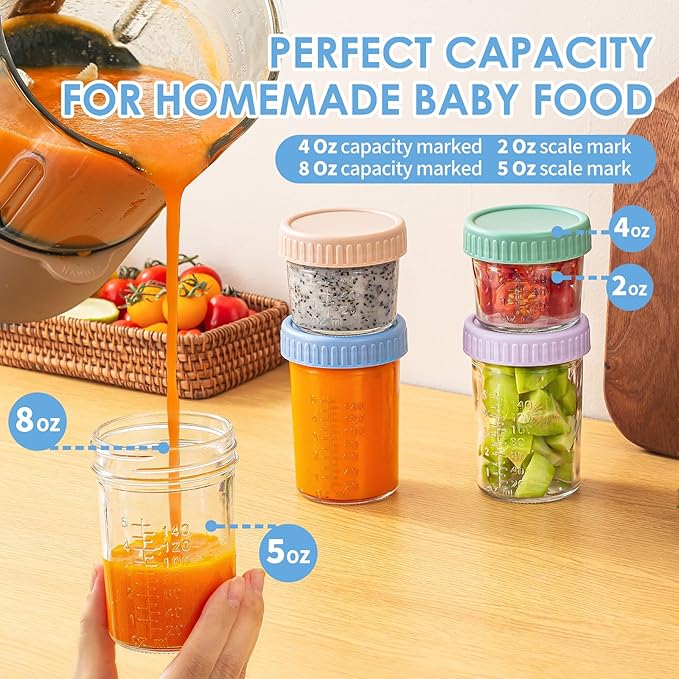 DRKIO 6 Pack Glass Baby Food Storage Containers - 4 & 8 oz Baby Food Jars with Lids Baby Food Maker Microwave Dishwasher Freezer Safe 100% Leak Proof BPA Free Reusable