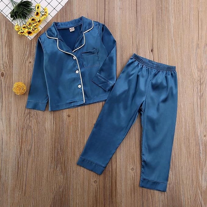 Kids Baby Girl Boy Satin Pajamas Set Button Down Sleep Shirt Top+Long Pants - Image 3