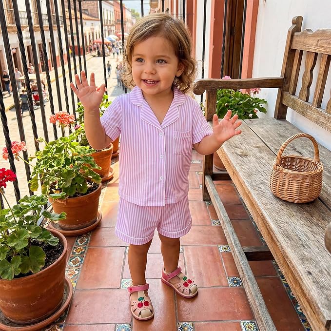 FULA-bao Toddler Baby Boy Girl Cotton Pajamas Set Striped Short Sleeve Button - Image 2
