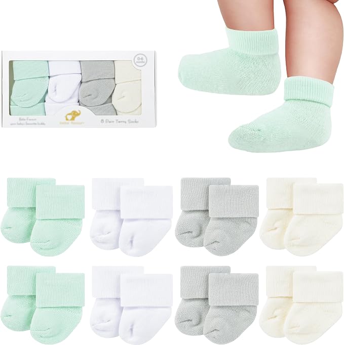 8 Pairs Newborn Socks Thick Cotton Terry Turn Cuff Baby Socks 0-6 Months Cute by BebeFavour