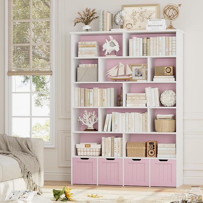 FINETONES 69" H Toy Storage Organizer, 6 Tier Tall Kids Bookshelf with 4 Movable Drawers and 12 Storage Cubbies, 49.4" W Toy Organizers and Storage Organizer Playroom Storage for Kids Room, Pink