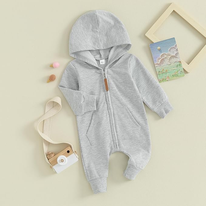Infant Baby Boy Girl Clothes Solid Hoodie Romper Zip Up Long Sleeve Hooded - Image 2