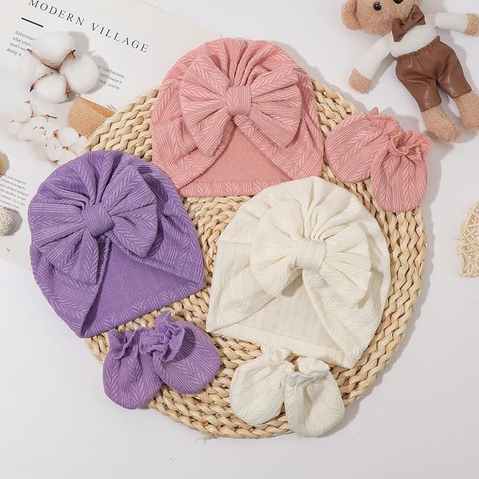 Newborn Baby Hats and Mittens Set Infant Bow Beanie Cap Toddler Gloves Newborn - Image 4