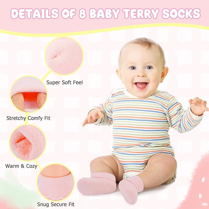 8 Pairs Newborn Socks Thick Cotton Terry Turn Cuff Baby Socks 0-6 Months Cute - Image 2