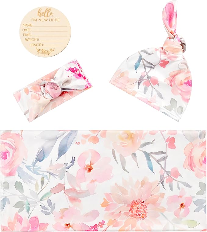 Newborn Baby Swaddle Set Headband Beanie and Name Card - Image 3
