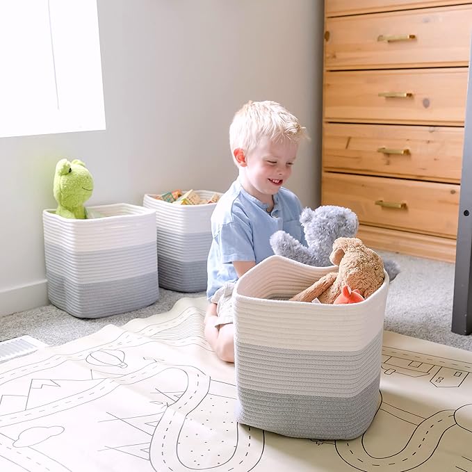 NaturalCozy 13 Inch Cube Storage Bins Cotton Rope Woven Baskets for Organizing 3-Pack | 13 x 13 Storage Cubes | Fabric Square Storage Baskets for Shelves Organizer, Kids Toy Bins, Closet Baby Nursery