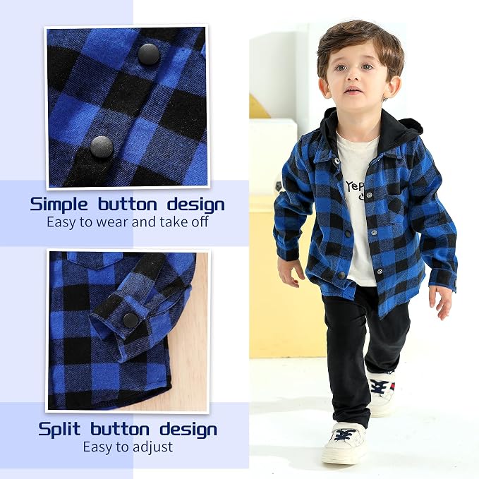 YOUNGER STAR Toddler Kids Boys Girls Flannel Hooded Plaid Shirt Button Baby Red - Image 6