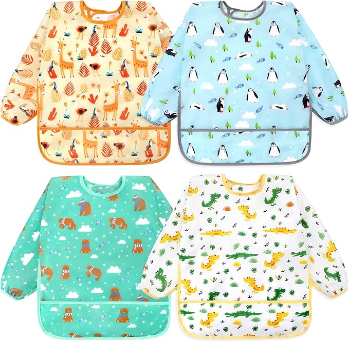 Accmor 4 Pack Long Sleeve Bibs, Baby Smock Waterproof Full Sleeved Bib by Accmor