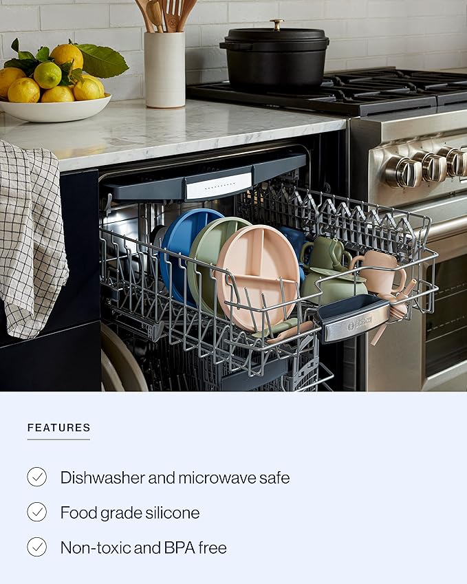 Lalo First Bites Silicone Baby Feeding Set - Baby Led Weaning Supplies - Non-Toxic Silicone - Includes 1 Bib, 2 Spoons, Training Cup, Suction Plate and Bowl - 6 Pieces - Blueberry