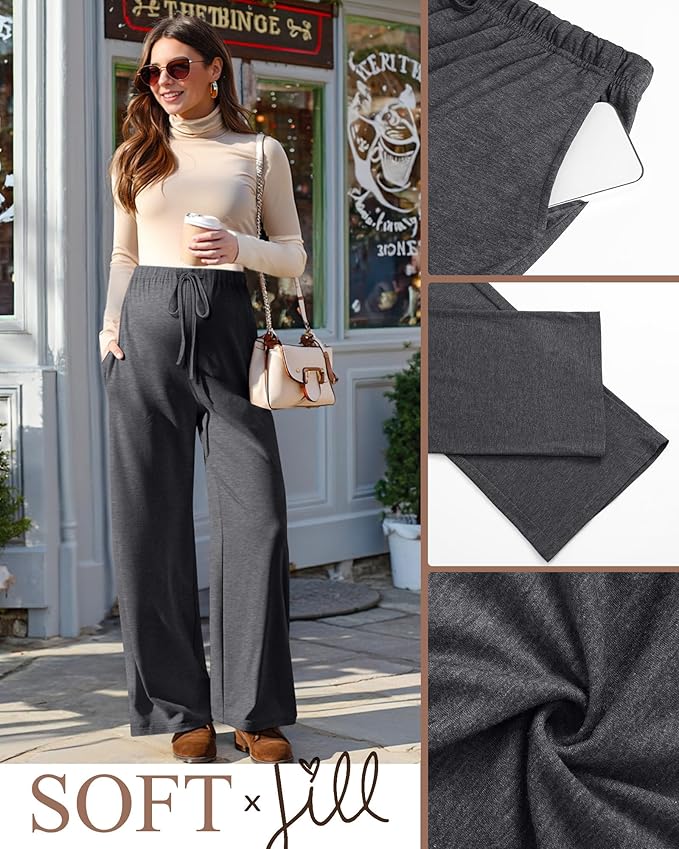 3 Pack Maternity Pants for Women Over The Belly Lounge Work Pregnancy Pants Drawing Wide Leg Trousers with Pockets