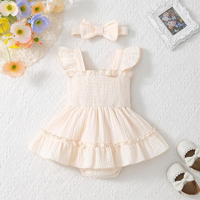 Baby Girl Smocked Romper Dress Ruffle Bow Summer Outfit - Image 3