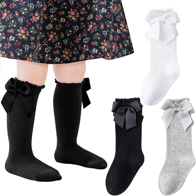 Baby Knee High Socks Infant Toddler Bow Ruffled Cotton Long Socks Stockings by Miniangel