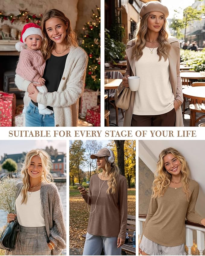 4 Pack Women's Cotton Nursing Tops, Breastfeeding Maternity with Hidden Zippers Crew Neck Long Sleeve Pregnancy Shirts