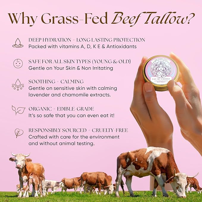 Eat My Face Grass Fed Tallow Cream for Babies & Moms, Organic Beef Tallow for Skin Helps with Diaper Rash, Cradle Cap, Stretch Marks & Eczema, 4.0 oz