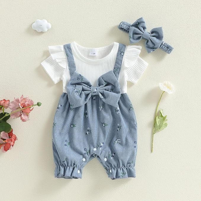 YINGISFITM Newborn Baby Girl Summer Clothes Short Sleeve Bubble Romper Bow - Image 5