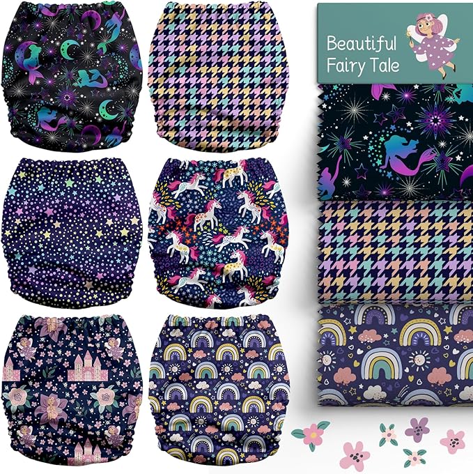 Mama Koala 3.0 Cloth Diapers for Babies with AWJ Lining, 6 Pack with 6 Natural Cloth Diaper Inserts - Reusable and Washable Pocket Diapers (Beautiful Fairy Tale)