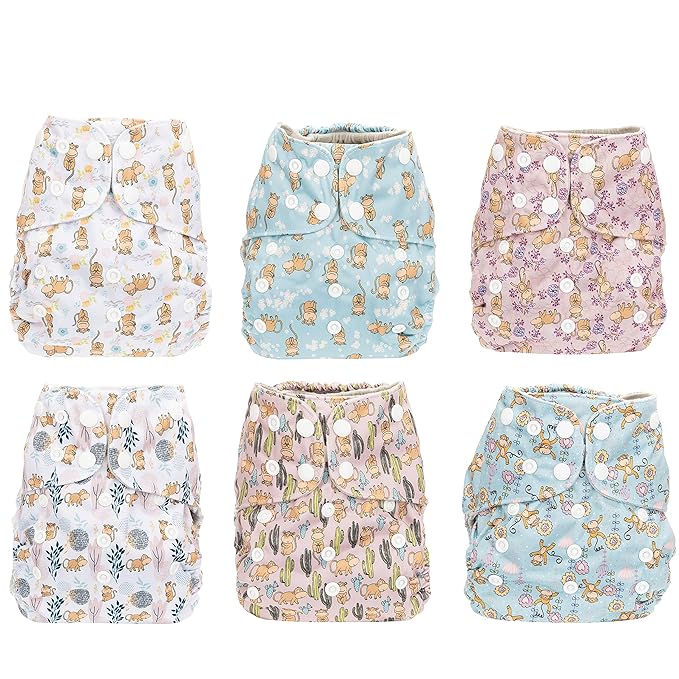 Simple Being Reusable Cloth Diapers, Double Gusset, One Size Adjustable, Washable Soft Absorbent, Waterproof Cover, Eco-Friendly Unisex Baby Girl Boy, six 4-Layers Microfiber Inserts (Monkey)