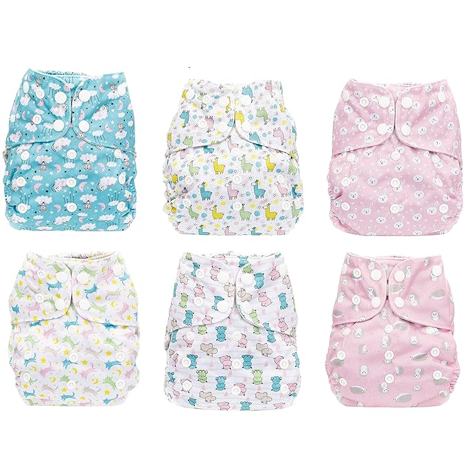 Simple Being Reusable Cloth Diapers, Double Gusset, One Size Adjustable, Washable Soft Absorbent, Waterproof Cover, Eco-Friendly Unisex Baby Girl Boy, six 4-Layers Microfiber Inserts (Girl Animals)