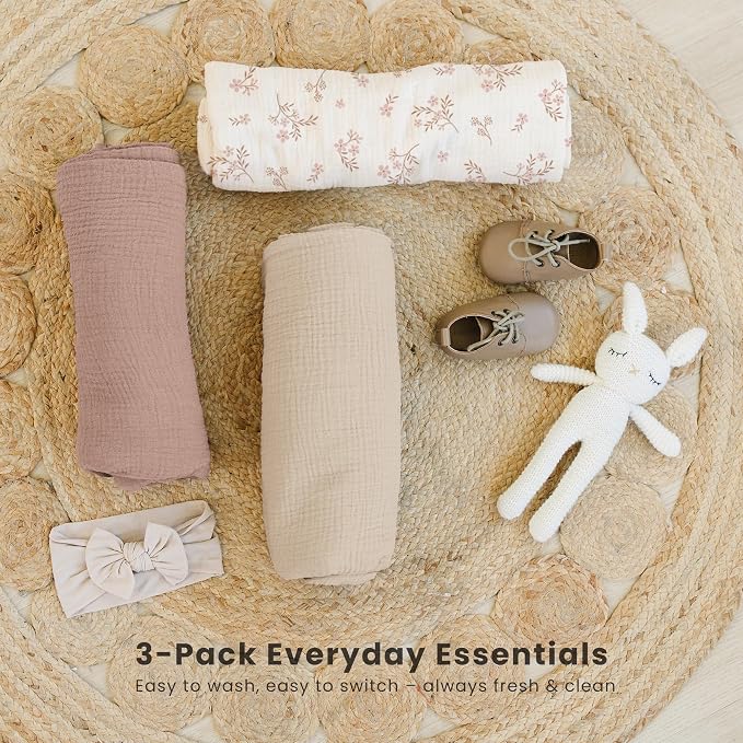 Konssy 3-Pack Muslin Baby Swaddle Blankets, 47 x 47 in Receiving Blankets | - Image 4