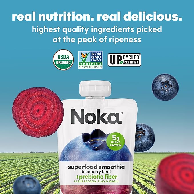 Noka Superfood Fruit Smoothie Pouches, Blueberry Beet, Healthy Snacks with Flax Seed, Prebiotic Fiber and Plant Protein, Vegan and Gluten Free, Organic Fruit & Veggie Squeeze Pouch, 4.22 oz, 12 Count