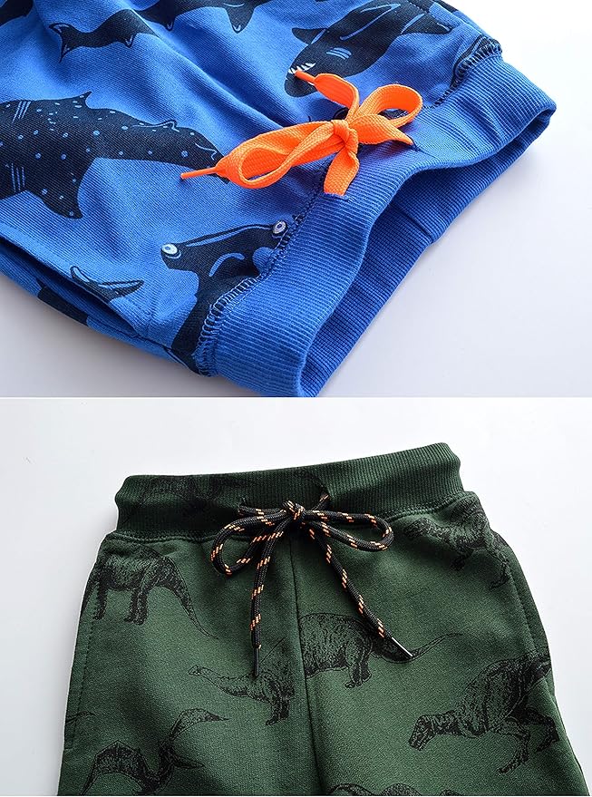 HUAER& Baby Boy's Jogger Pants Dinosaur Car Animal Print Drawstring Elastic Sweatpants 2-Pack