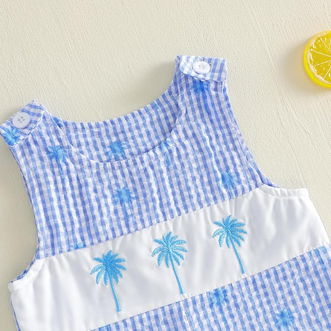 Newborn Baby Boys Sleeveless Seersucker Romper One Piece Straps Overalls - Image 4