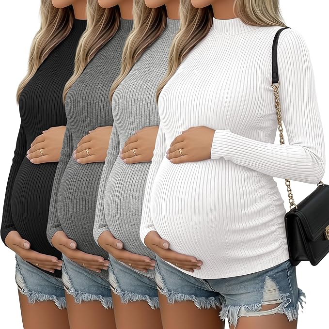 4 Packs Womens Maternity Shirts Long Sleeve Cotton Ribbed Pregnancy Mock Neck Side Ruched Workout Tops for Mama