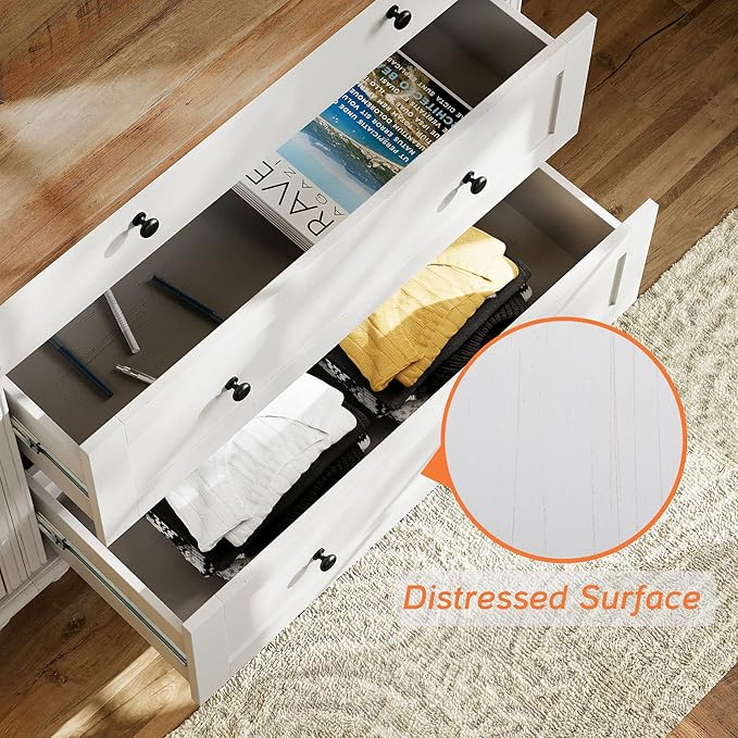WAMPAT White Dresser for Bedroom with 6 Drawers, Wood Dressers with Wide Chest of Drawers, Mid Century Modern Wooden Closet Storage Organizer, Large Kids Dressers for Nursery, Living Room, Hallway