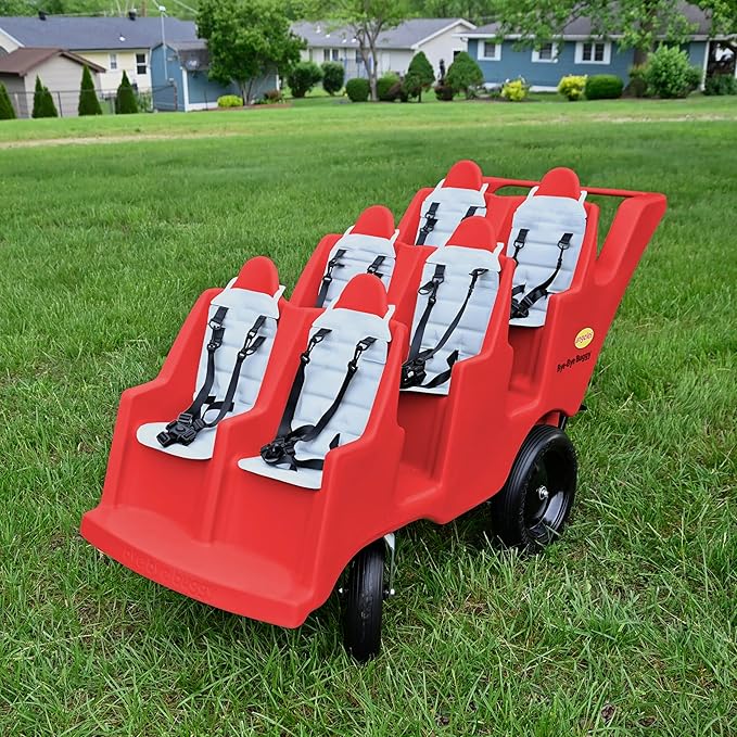 Angeles Bye Bye Buggy 6 Passenger Stroller, Sturdy Daycare Stroller with Fat Tires, Easy-to-Fasten Safety Buckles, Parking Brake, & 360 Pivoting Wheels, Red