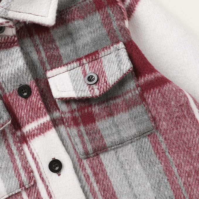 YOUNGER STAR Toddler Kids Boys Girls Flannel Hooded Plaid Shirt Button Baby Red - Image 6