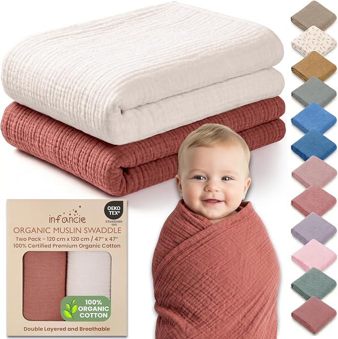 100% Organic Cotton 2 PK Muslin Baby Blanket Unisex 47x47 Inch | Oeko-TEX by Infancie