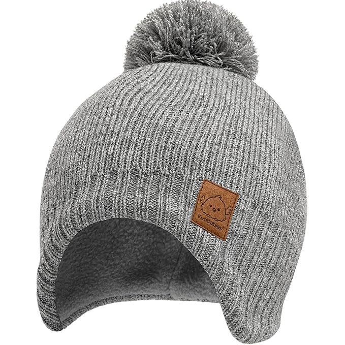 Baby Beanies, Baby Hats for Boys, Girls - Cute Toddler Winter Hat, Soft & Stretchy Beanies for Infant, Newborn 0-6 Months, Cozy & Warm with Earflap Muff & Pom (Gray, S)