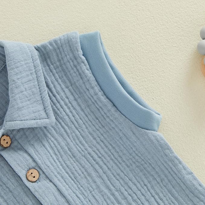 Honganda Newborn Baby Boy Cotton Linen Romper Short Sleeve Lapel Collar Button - Image 7