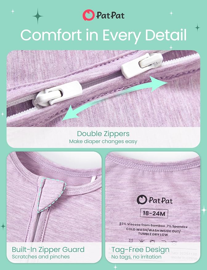 PATPAT Baby Boy and Girl Bamboo Viscose 2-Pack Romper | 2-Way Zipper, Soft and - Image 6