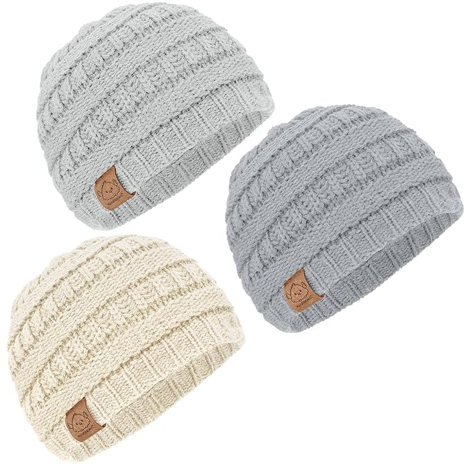 3-Pack Baby Beanies for Boys, Girls - Stretchy Knit Baby Hats, Cute Newborn & Toddler Winter Hat, Soft & Warm Infant Beanie 0-6 Months (Cloud, S)
