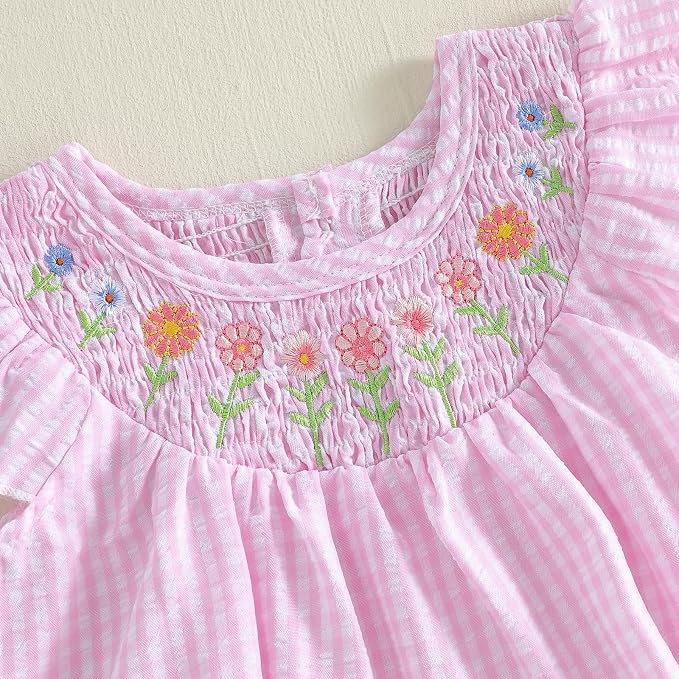 Newborn Baby Girl Bubble Romper Floral Stripe Smocked Onesie Summer Clothes - Image 6