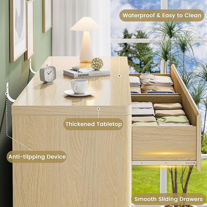 Natural 6 Drawers Dresser for Bedroom, 48" Wide Wood Chest of Deep Drawers with Curved Profile, Handleless, Modern Fluted Dresser TV Stand, Storage Closet Drawer Organizer for Bedroom