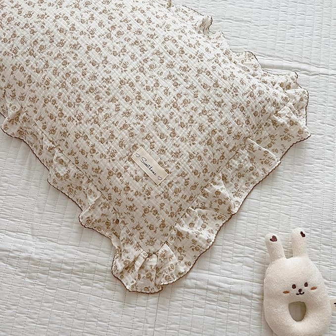 AOJIM Cotton Muslin Kids Toddler Pillowcase with Camellia Pattern Super Soft Baby Crib Pillowcase with Ruffle Edge, Machine Washable Floral Nursery Pillowcase for Boys Girls, Kids Room Decor, 14x20''