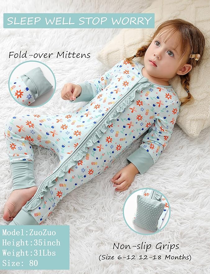 JunNeng Baby Girl Viscose from Bamboo Sleeper with Mitten Cuffs, 2 Way Zipper Romper, Sleep N' Play Pajamas 0-18 Months