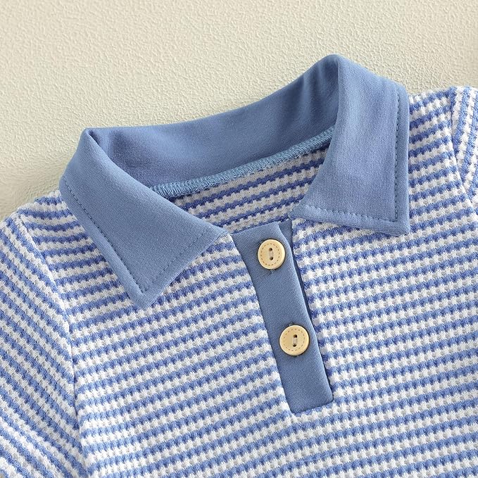 VISGOGO Baby Boy Striped Romper Waffle Short Sleeve Button Oversized Bodysuit - Image 6