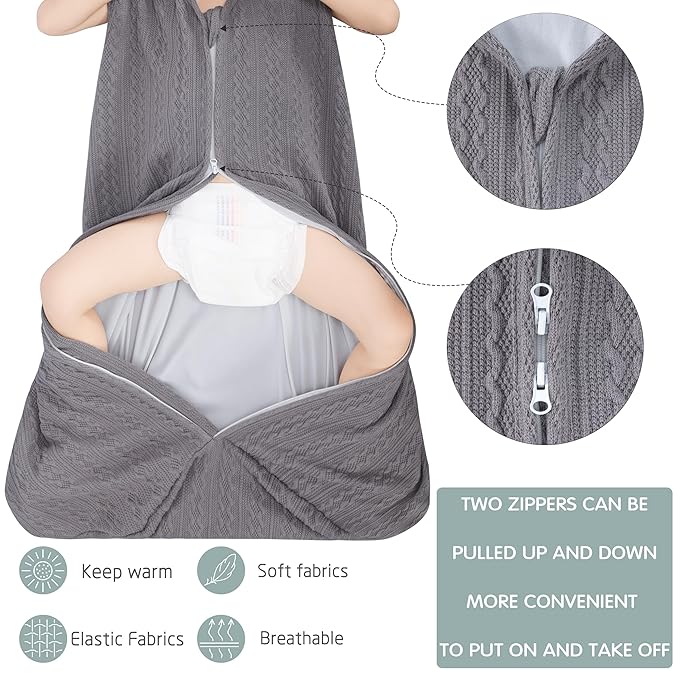 Baby Sleep Sack 0-6 Months, Baby Wearable Blanket 100% Acrylic knit 2-Way Zipper Toddler Sleeping Sack TOG 0.5 (Grey)