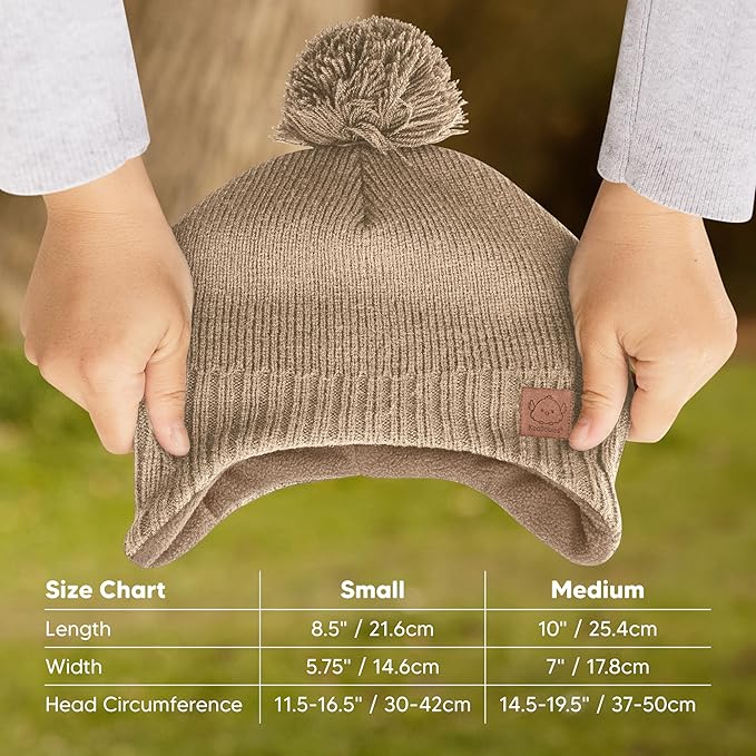 Baby Beanies, Baby Hats for Boys, Girls - Cute Toddler Winter Hat, Soft & Stretchy Beanies for Infant, Newborn 6-36 Months, Cozy & Warm with Earflap Muff & Pom (Taupe)