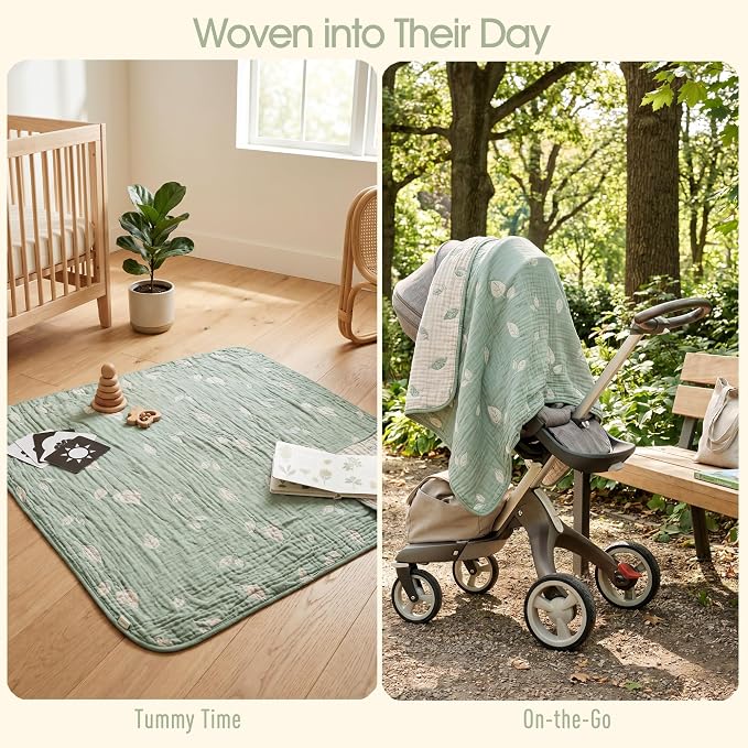 Botanical Muslin Baby Blanket, Organic Cotton Blend | 43x43 Inches, Reversible - Image 4