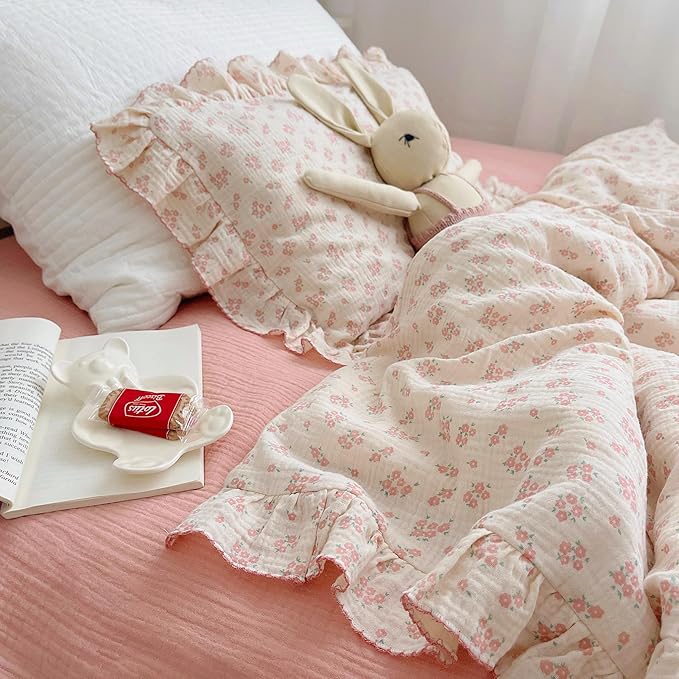 BuLuTu Cotton Muslin Kids Toddler Pillowcase with Galsang Flowers Print, Shabby Chic Nursery Pillowcases with Ruffle Edge, Boys Girls Soft Travel Pillow, Durable Pillow Cover 14"x20", 1 Piece