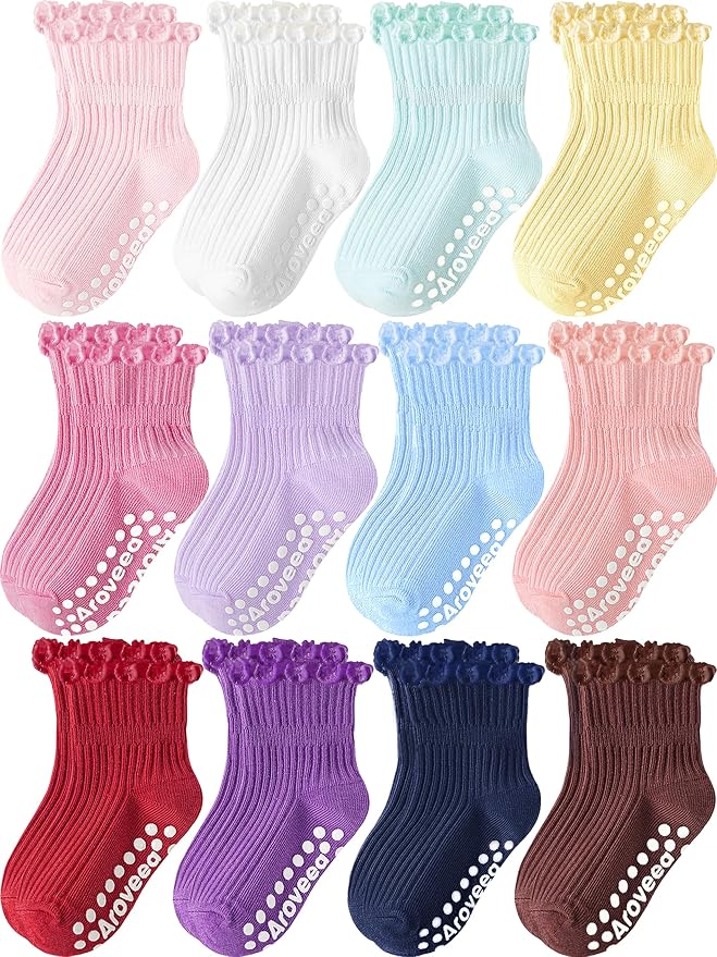 Baby Toddler Girls Socks Grip Ruffle Non Slip Kids Cotton 12 Pack Socks | by Aroveea