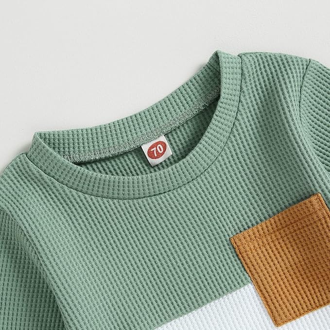 Toddler Baby Boy Fall Clothes Waffle Contrast Color Sweatshirt Pants Sets Infant Winter Outfits 6 12 18 24 Months