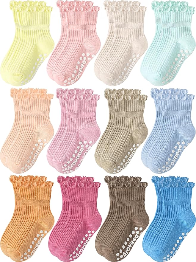 Baby Toddler Girls Socks Grip Ruffle Non Slip Kids Cotton 12 Pack Socks | by Aroveea
